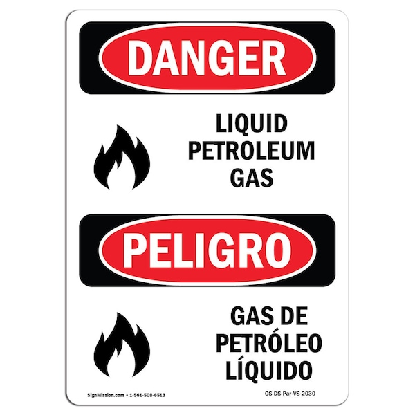 Safety Sign, OSHA Danger, 5" Height, Liquid Petroleum Gas, Bilingual Spanish, 10PK